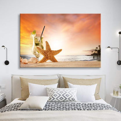 Ready to Hang Coastal Art - Brusheslife's Canvas Painting of Starfish and Beach at Dusk