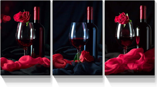 Brusheslife Triptych Art: Red Wine Bottle with Flowers for Dining Room Decor