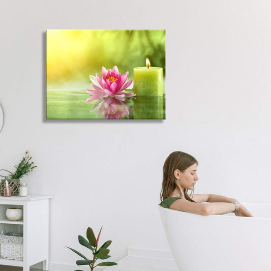 Brusheslife Bathroom Art: Green Candle and Pink Flower Giclee Canvas