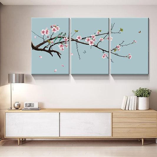 Brusheslife Flower Canvas Art: Triptych of Pink Plum Blossoms on Blue