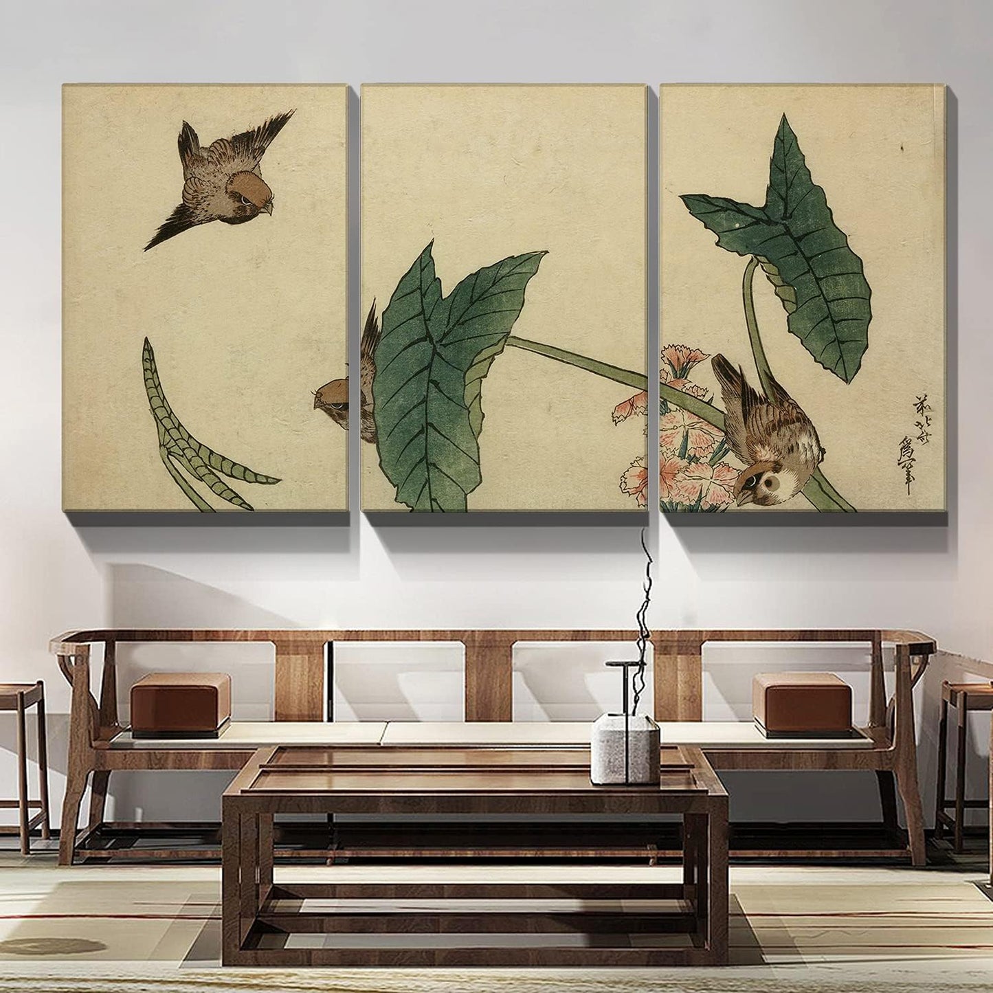 Elegant Japanese Botanicals by Brusheslife - Gallery Wrapped Triptych Canvas Art for Room Decoration