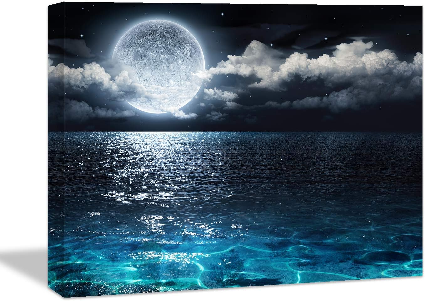 Brusheslife Ocean Theme Wall Art - Calmful Night Seascape, Moonlit Blue Sea Canvas, Ready to Hang Nature Decor