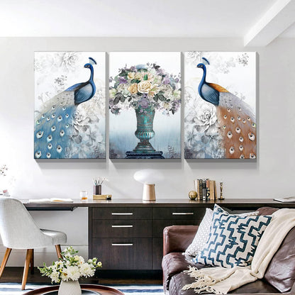 Brusheslife Peacock Wall Art: Vintage Blue Animal with Flowers - 3 Piece Set