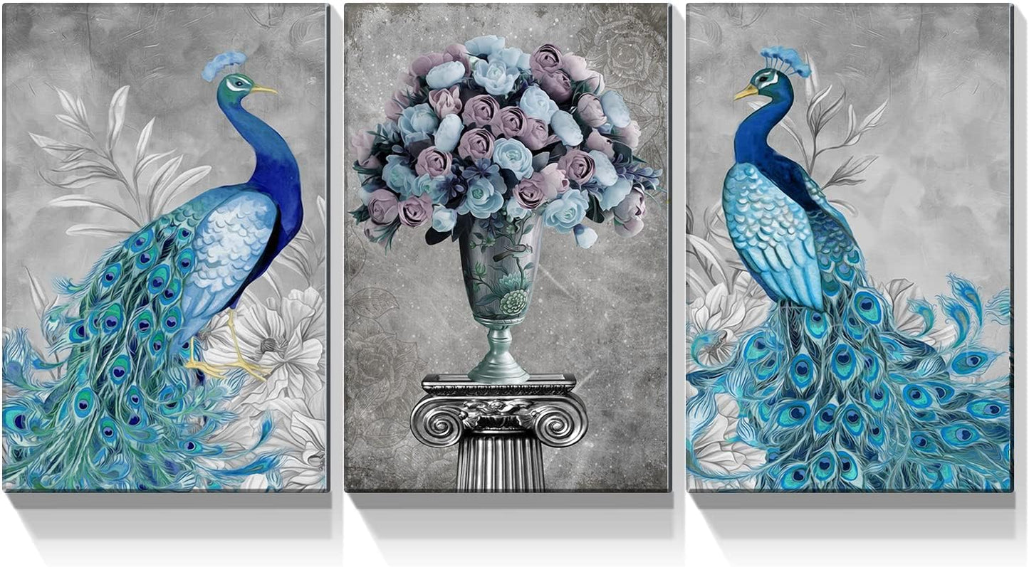 Brusheslife Peacock Art: Vintage Blue Couple with Flower Vase Canvas
