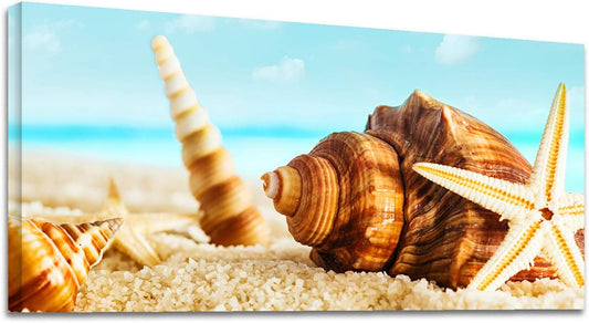 Looife Ocean Theme Canvas Wall Art, 48x24 Inch Conch Seashell on Beach Picture Prints Wall Decor, Nature Scenery Painting Wall Deco Ready to Hang