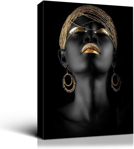 Brusheslife African American Wall Art - Black and Gold Abstract Beauty Portrait for Modern Home Deco