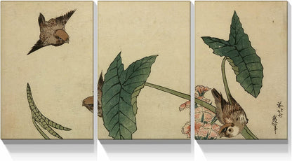 Elegant Japanese Botanicals by Brusheslife - Gallery Wrapped Triptych Canvas Art for Room Decoration