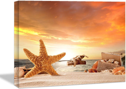 Brusheslife Ocean Theme Wall Art - Starfish and Conch on Beach Canvas for Nature Scenery Wall Decor