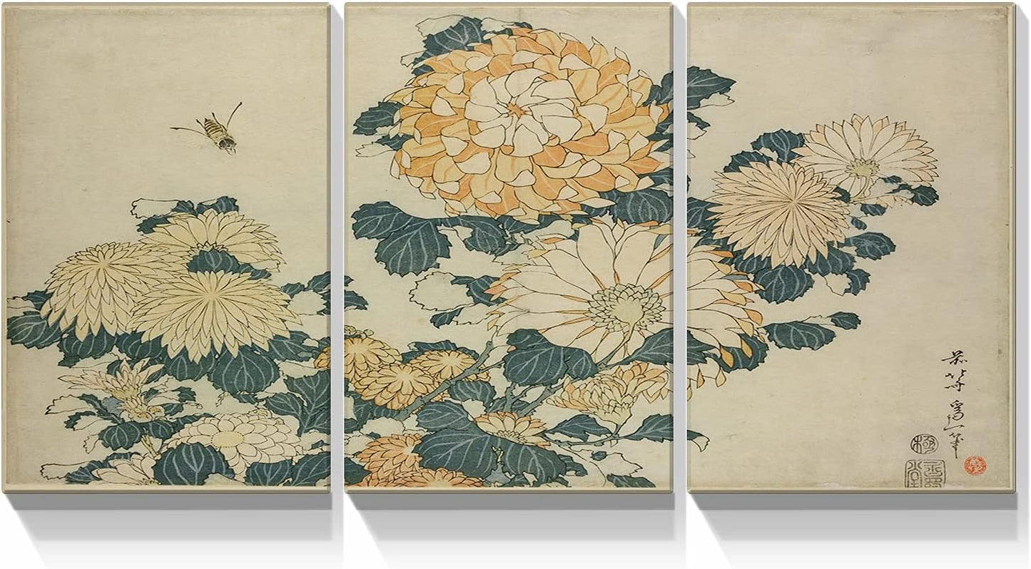 Elegant Japanese Botanicals by Brusheslife - Gallery Wrapped Triptych Canvas Art for Room Decoration