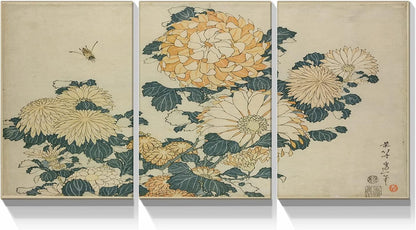 Elegant Japanese Botanicals by Brusheslife - Gallery Wrapped Triptych Canvas Art for Room Decoration