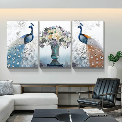 Brusheslife Peacock Wall Art: Vintage Blue Animal with Flowers - 3 Piece Set