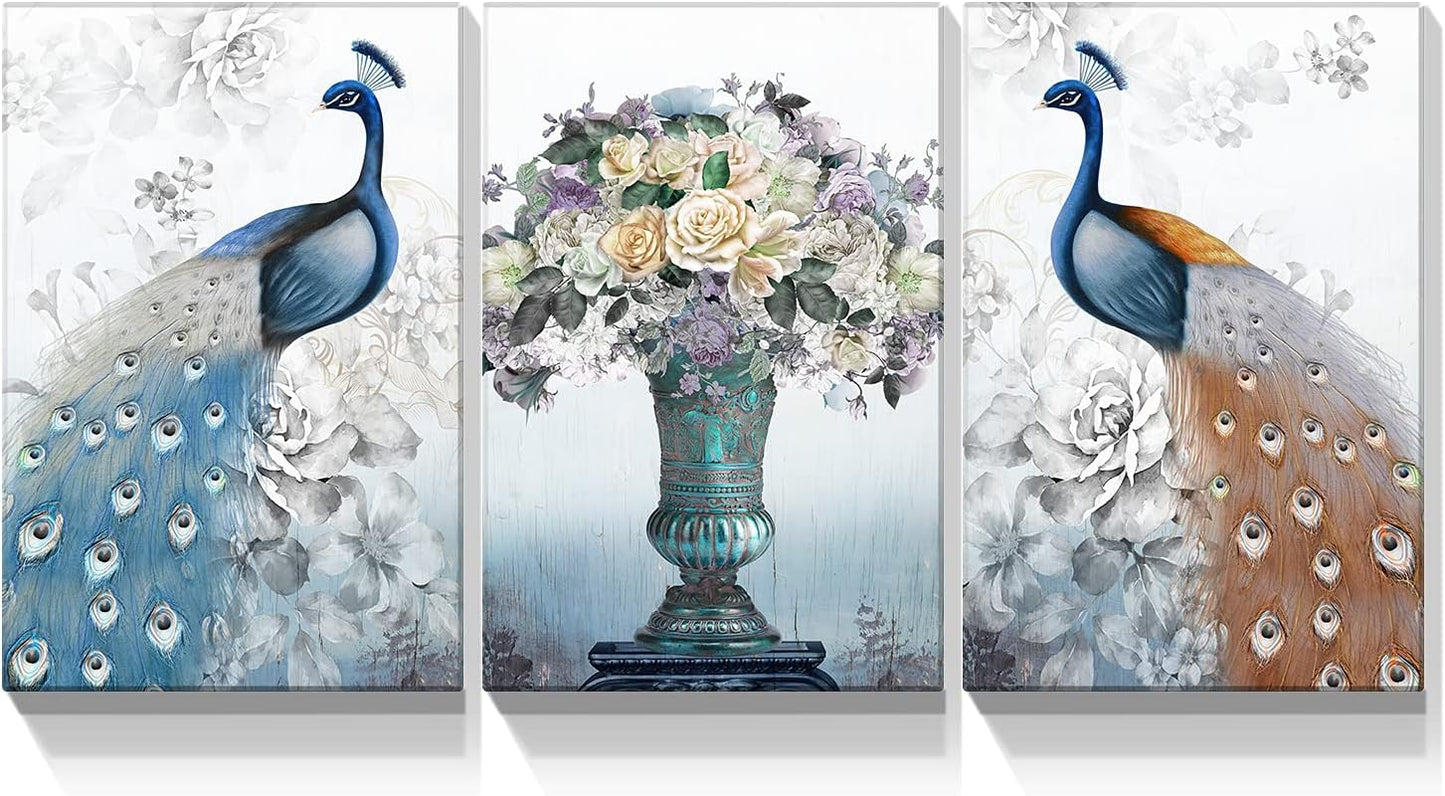 Brusheslife Peacock Wall Art: Vintage Blue Animal with Flowers - 3 Piece Set