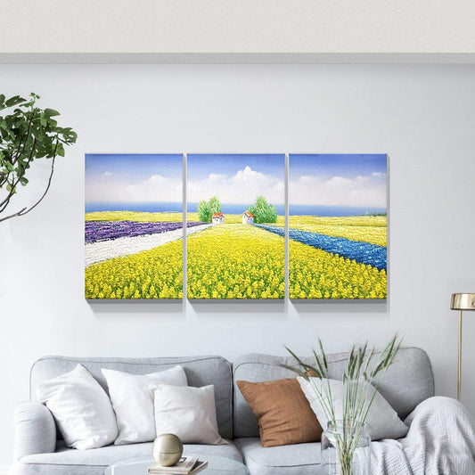 Brusheslife Hand-Painted Art: 3-Panel Rape Field Canvas in Yellow and Green