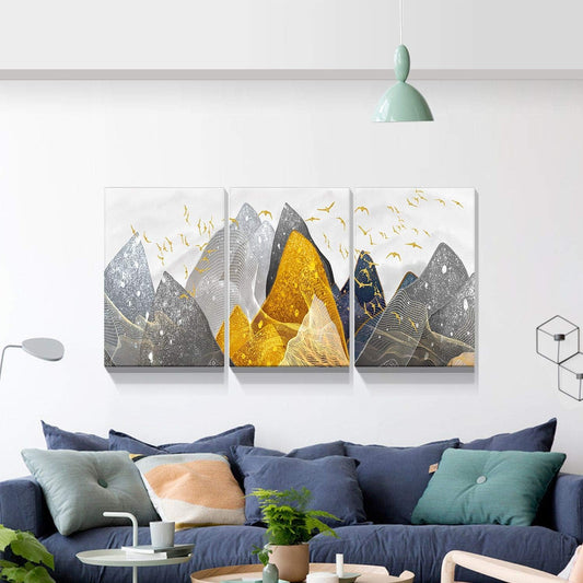 Brusheslife Abstract Wall Art: Black and Gold Mountain with Gold Birds Canvas Set