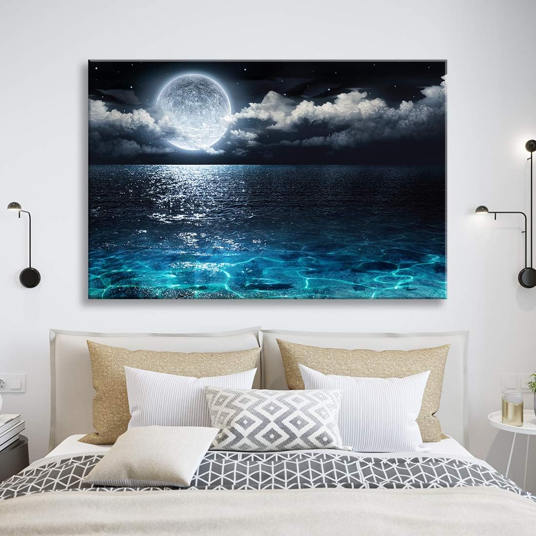 Brusheslife Ocean Theme Wall Art - Calmful Night Seascape, Moonlit Blue Sea Canvas, Ready to Hang Nature Decor