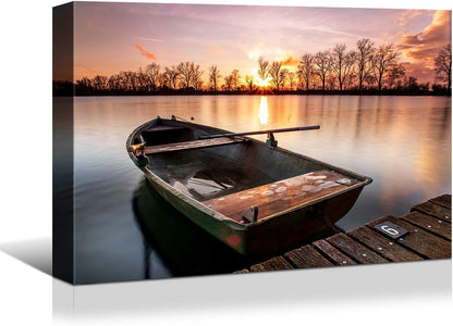 Looife Seascape Canvas Prints Wall Art-30x20 Inch A Boat by the Dock at Sunset Picture Wall Decor, Ocean Scenery Giclee Artwork Home Decoration