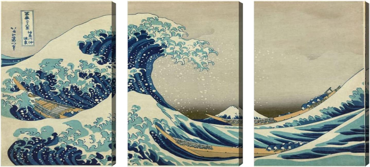 Brusheslife Seascape Wall Art: 3-Panel Japanese Kanagawa Wave