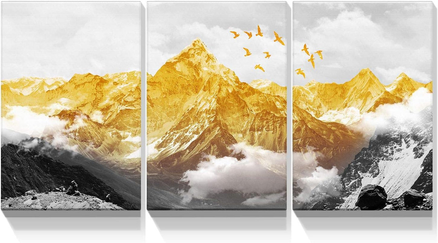 Artistic Trio: Brusheslife Canvas Art of Mountains with Gold Highlights