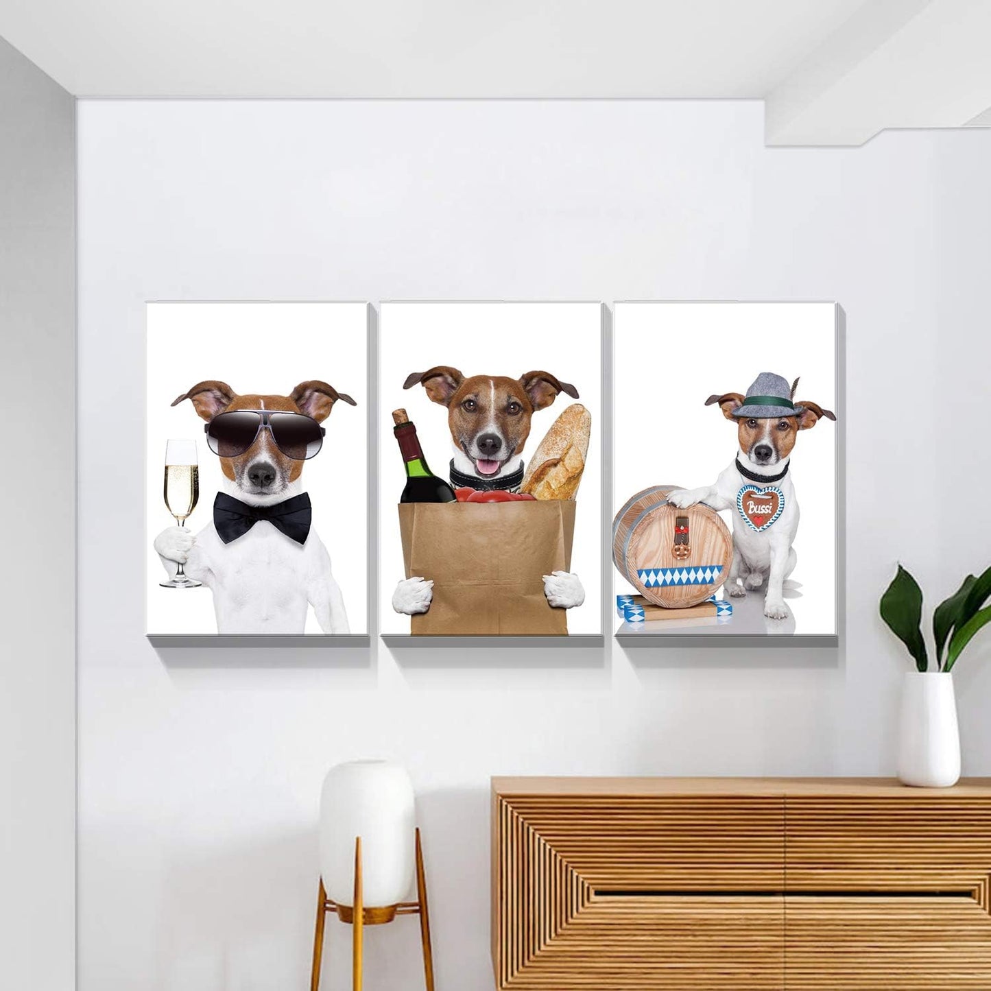 Looife 3 Panels Animal Canvas Wall Art, 32x48 Inch 3 Pieces Dogs with Wine Picture Prints Artwork Wall Decor, Gallery Wrapped Triptych Home Deco Set for Bedroom, Living Room