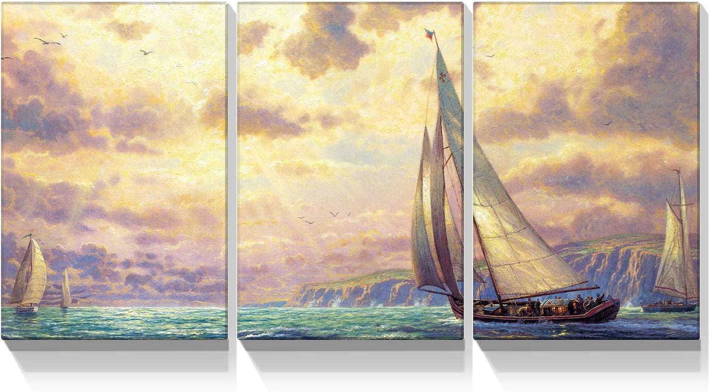 Brusheslife Triptych Canvas Wall Art - Sailboat on the Sea Picture Prints for Home Deco Set