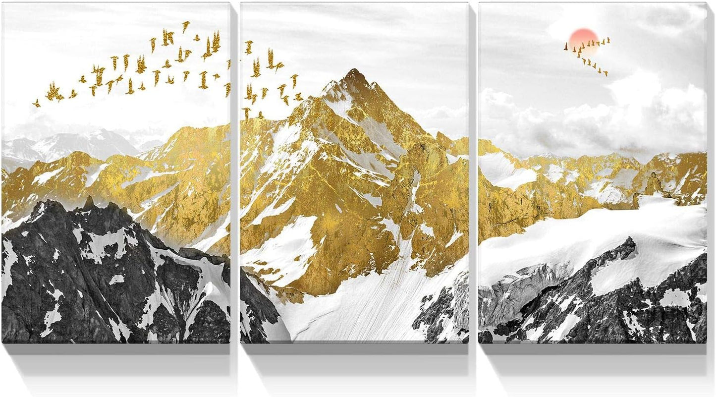 Artistic Trio: Brusheslife Canvas Art of Mountains with Gold Highlights