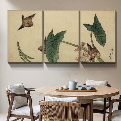 Elegant Japanese Botanicals by Brusheslife - Gallery Wrapped Triptych Canvas Art for Room Decoration