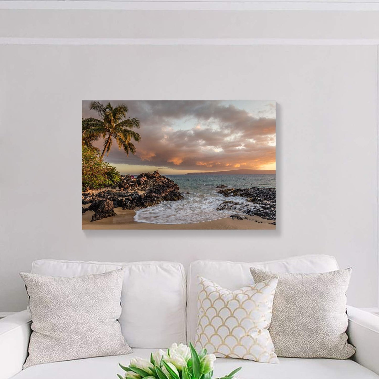 Brusheslife Seascape Art: Colorful Tropic Palm Trees at Sunset Canvas