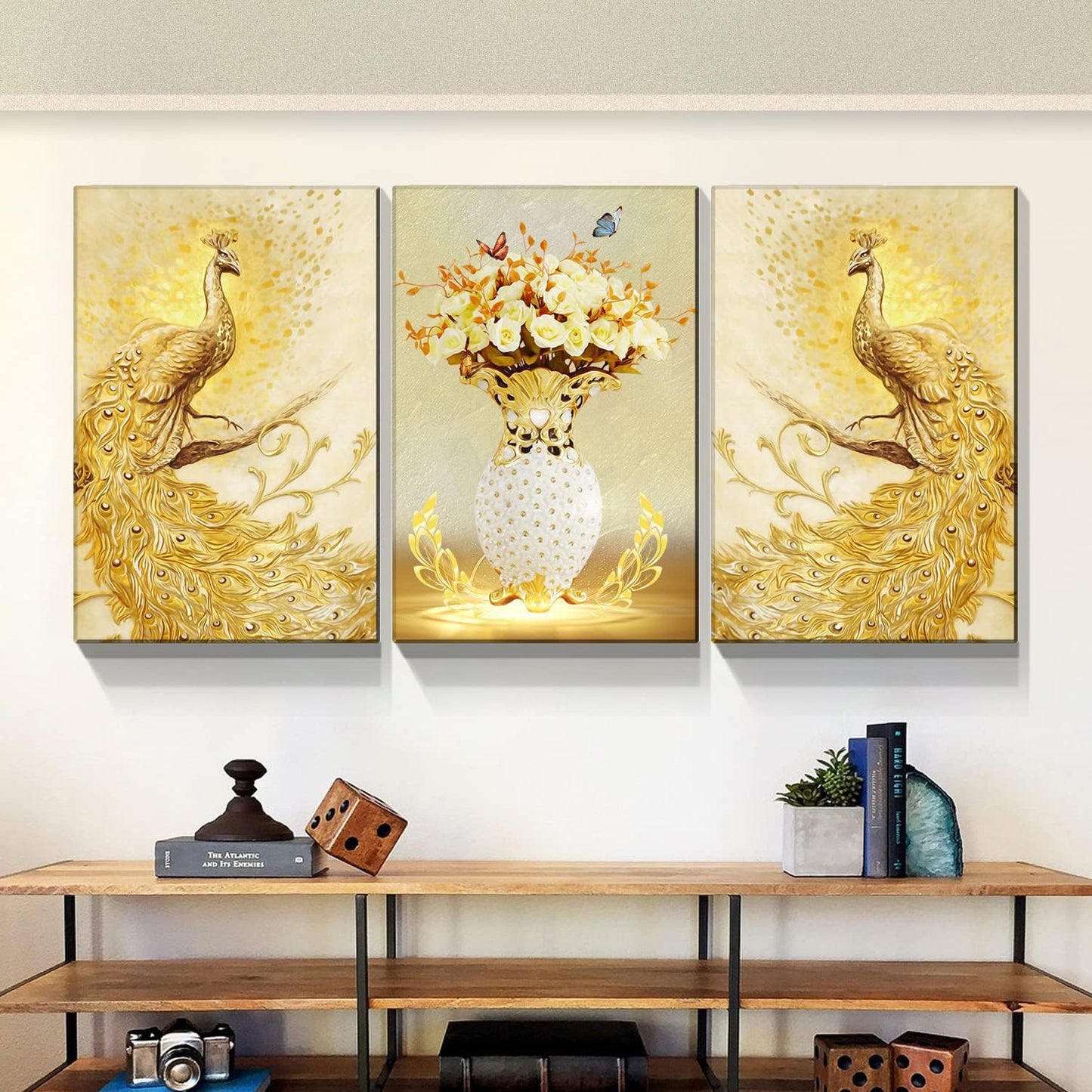 Brusheslife Peacock Wall Art: Luxurious Yellow Couple with Flower Vase