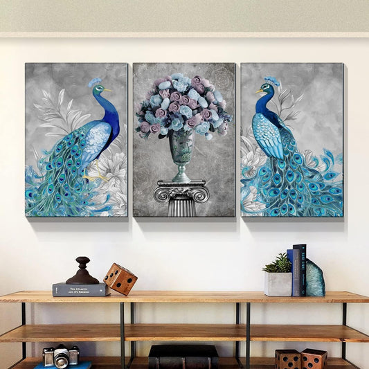 Brusheslife Peacock Art: Vintage Blue Couple with Flower Vase in 3-Panel Canvas